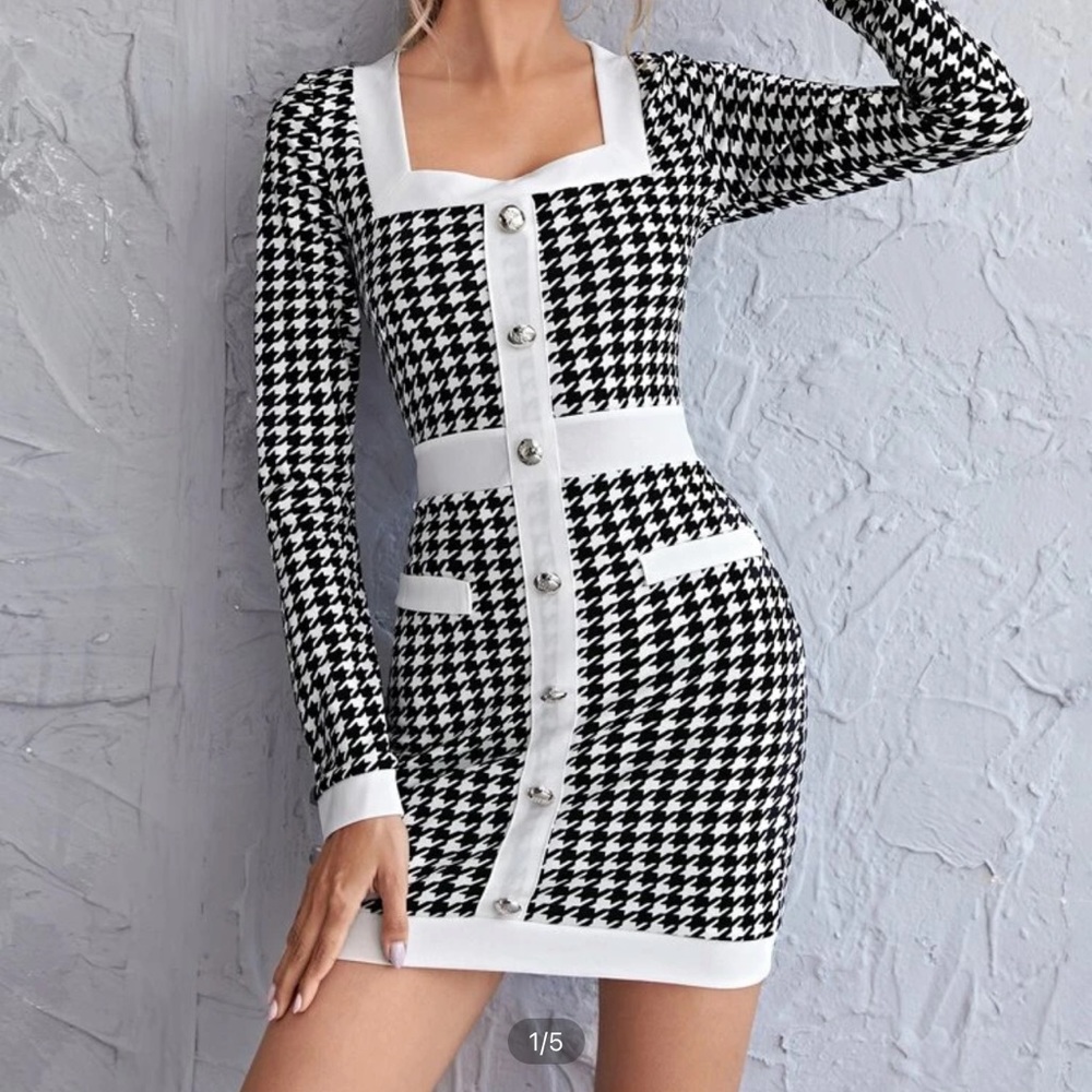 SHEIN Button Front Houndstooth Bodycon Dress